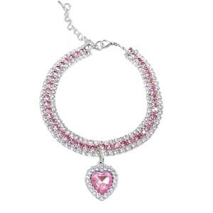 New Quirky Lizard Rhinestone Heart Collar Necklace Dog Cat XL Pink Silver Choker